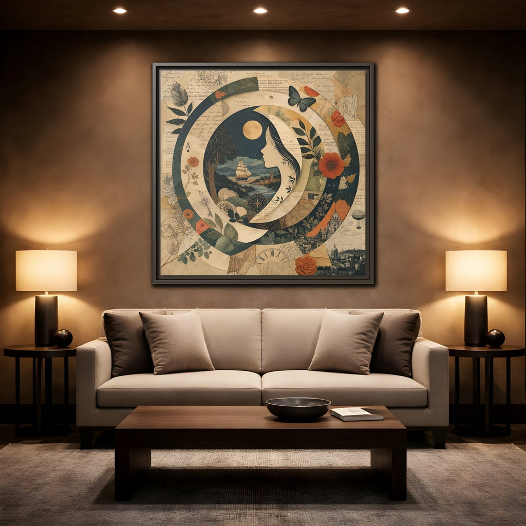 Mockup 2. Vintage Voyage Scene Vintage Collage shown as stretched canvas wall art