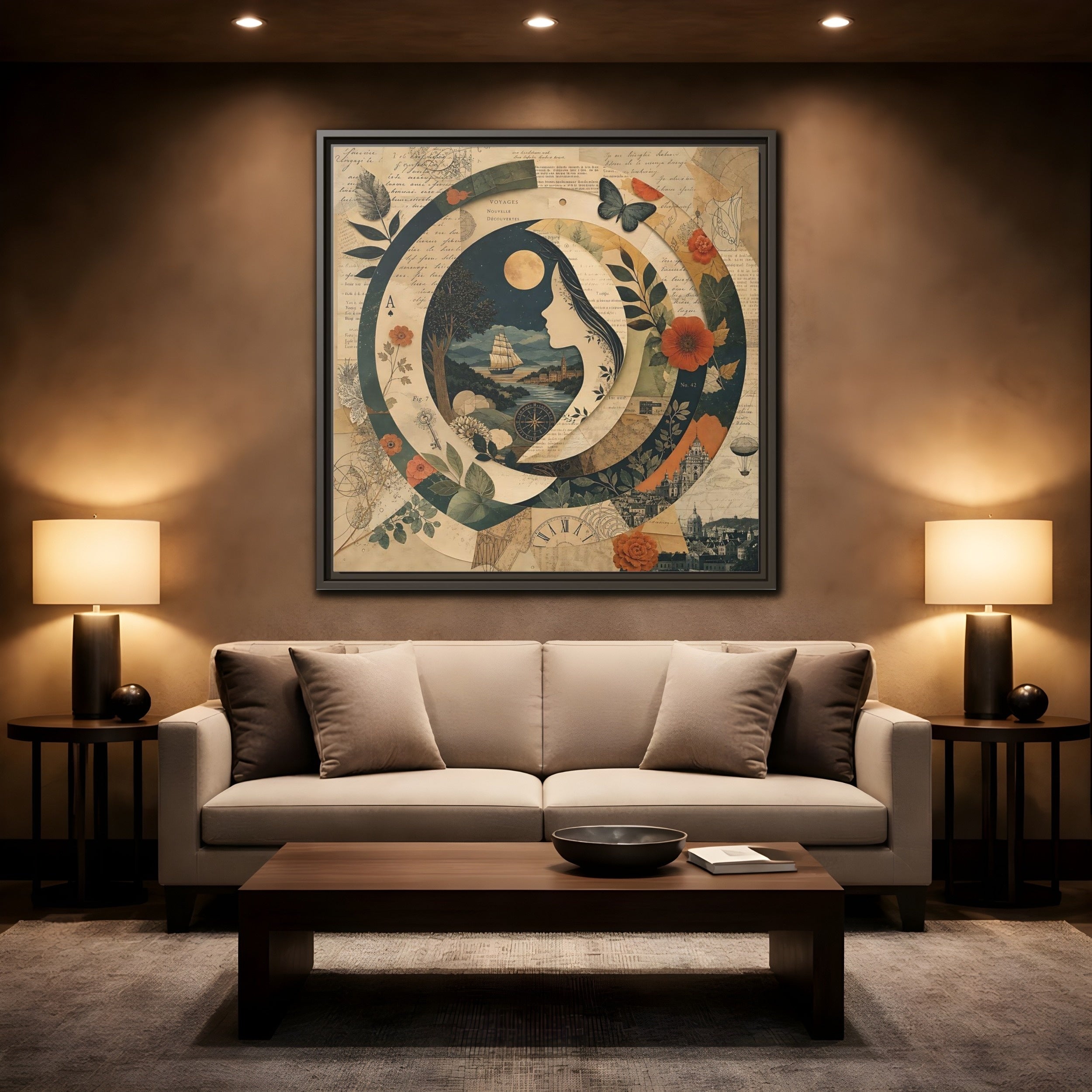 Mockup 2. Vintage Voyage Scene Vintage Collage shown as stretched canvas wall art