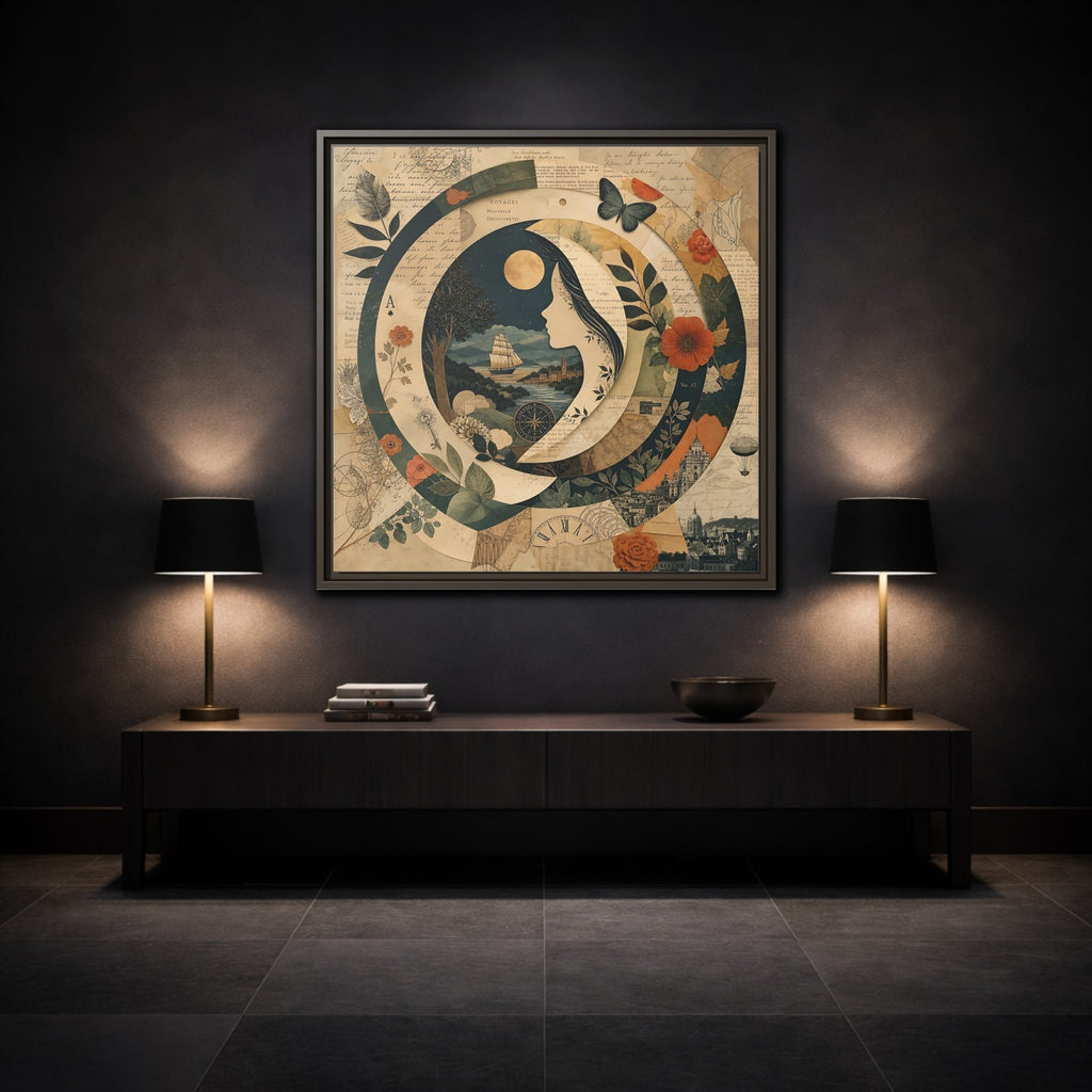 Mockup 3. Vintage Voyage Scene Vintage Collage shown as stretched canvas wall art