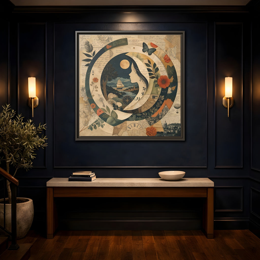 Mockup 4. Vintage Voyage Scene Vintage Collage shown as stretched canvas wall art