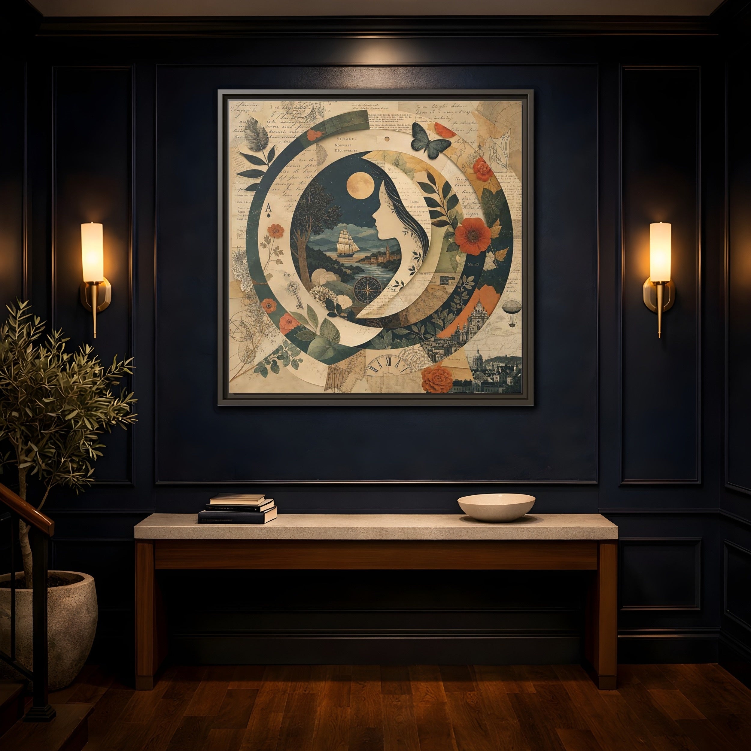 Mockup 4. Vintage Voyage Scene Vintage Collage shown as stretched canvas wall art